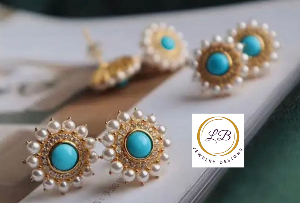 Vintage-Style Gold Turquoise and Pearl Gold Stud Earrings