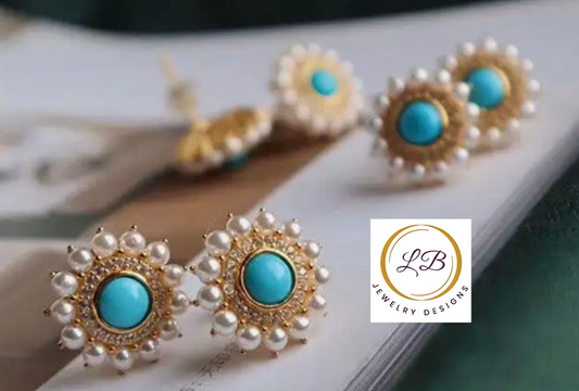 Vintage-Style Gold Turquoise and Pearl Gold Stud Earrings