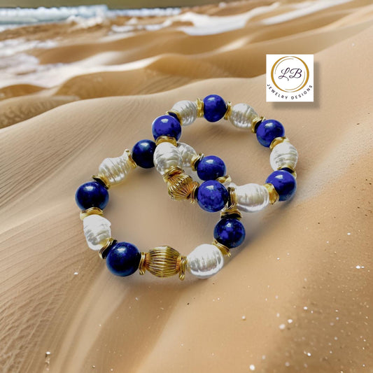 Lapis Lazuli & Pearl Gemstone Statement Bracelet