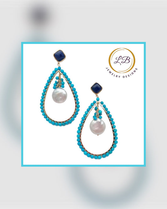 Turquoise, Lapis Lazuli & Coin Pearl Statement Earrings