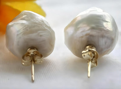 Natural 20mm Baroque Keshi Pearl Gold Statement Stud Earrings