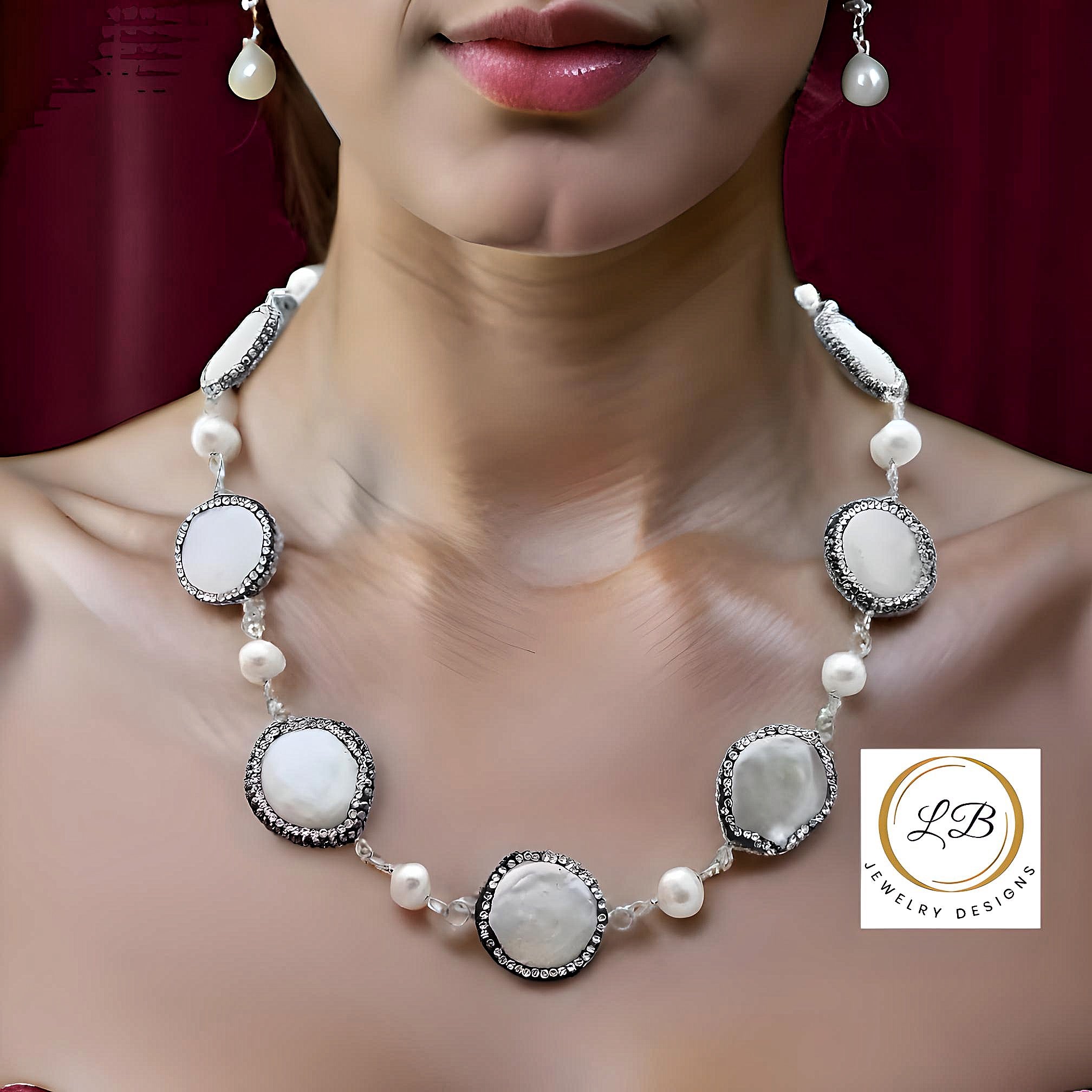 925 Sterling Silver necklace and selling earrings set, pearl and marcasite stones,