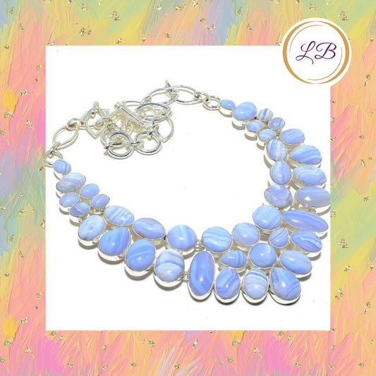 Blue Lace Semi-Precious Gemstone .925 Silver Statement Necklace
