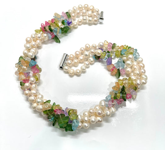 Colorful Tourmaline Gemstones and Freshwater Pearls Triple-Strand Statement Necklace 19