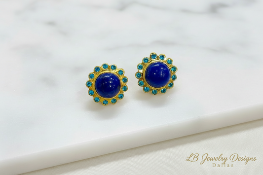 Lapis Lazuli & Blue Zircon Gold Halo Stud Earrings 1”