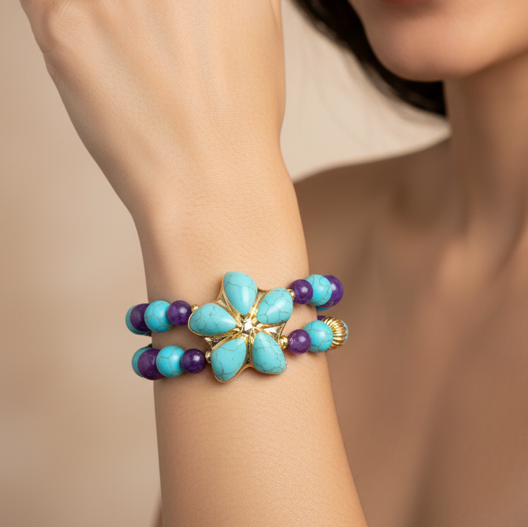 Sugilite & Sleeping Beauty Turquoise & Statement Bracelet - Purple & Turquoise Gemstone Bracelet