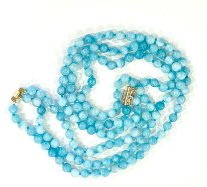 Timeless Blue Aquamarine Gemstones, Triple-Strand, Double-Knotted Statement Necklace