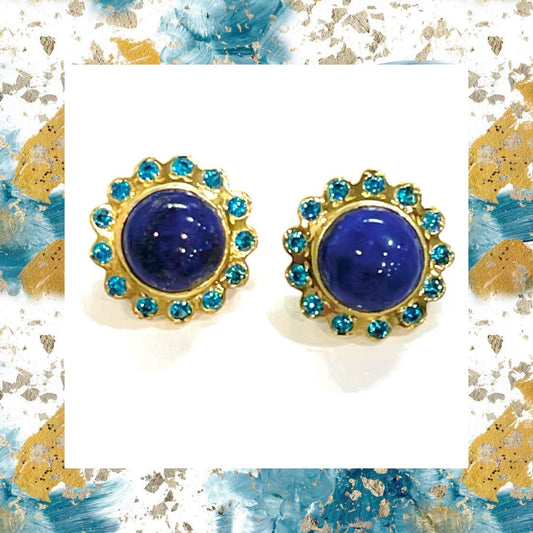 Colorful Lapis Lazuli and Peacock Blue Zircon Gold Stud Earrings 1”