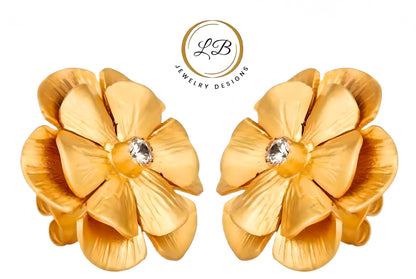 White Topaz 22k Gold Flower Statement Earrings 1”