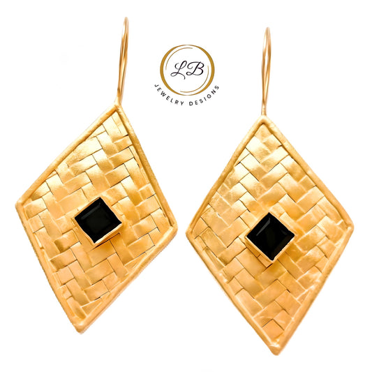 Black Onyx & Gold Vermeil Basket Weave Statement Earrings 2”