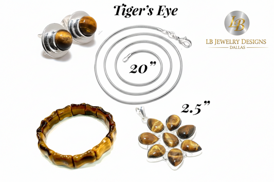 Tiger’s Eye Gemstone Jewelry Set – Sterling Silver Pendant Necklace, Stud Earrings & Bamboo Bracelet