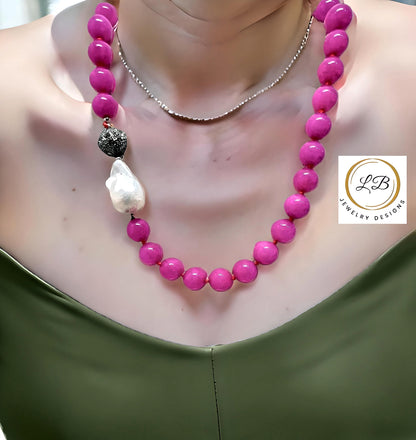 Vivid Pink Sugilite and Baroque Pearl Gemstone Statement Necklace 18"