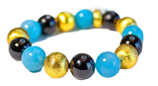 Black Onyx & Aquamarine Gemstone Gold Beaded Bracelet