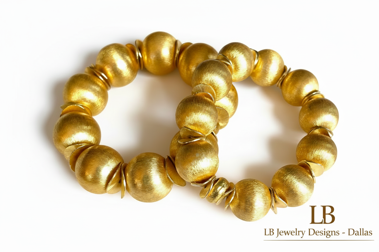 18k Brushed Gold Vermeil Beaded Bracelet Stack - Handcrafted Statement Gold Bracelets