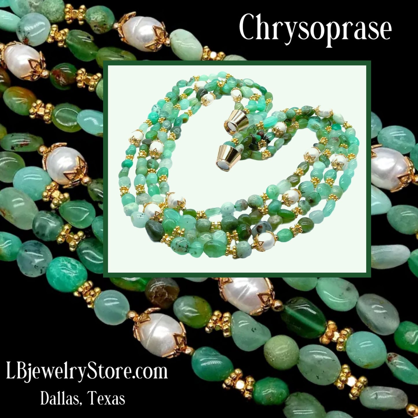 Rare Four-Strand Chrysoprase & Pearl Gemstone Statement Necklace
