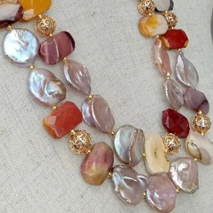 Mookaite Gemstones and Keshi Pearls Necklace 24”