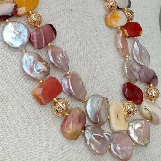 Striking Mookaite Gemstones and Keshi Pearls Necklace 24”