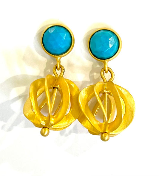 Turquoise Gemstone Gold Vermeil Filigree Dangles 1.18”