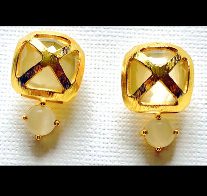 Criss Cross White Moonstone Gemstone Gold Stud Earrings 1”