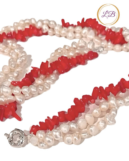 Red Coral & Pearl Gemstone Triple-Strand Statement Necklace 20“