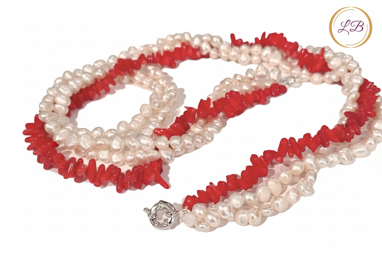 Red Coral & Pearl Gemstone Triple-Strand Statement Necklace 20“