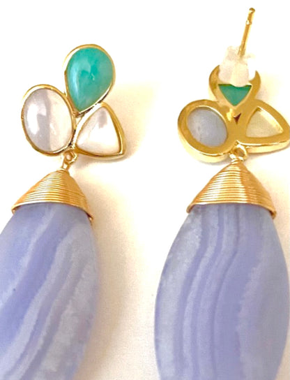 Blue Lace Multi-Gemstones Statement Earrings 2"