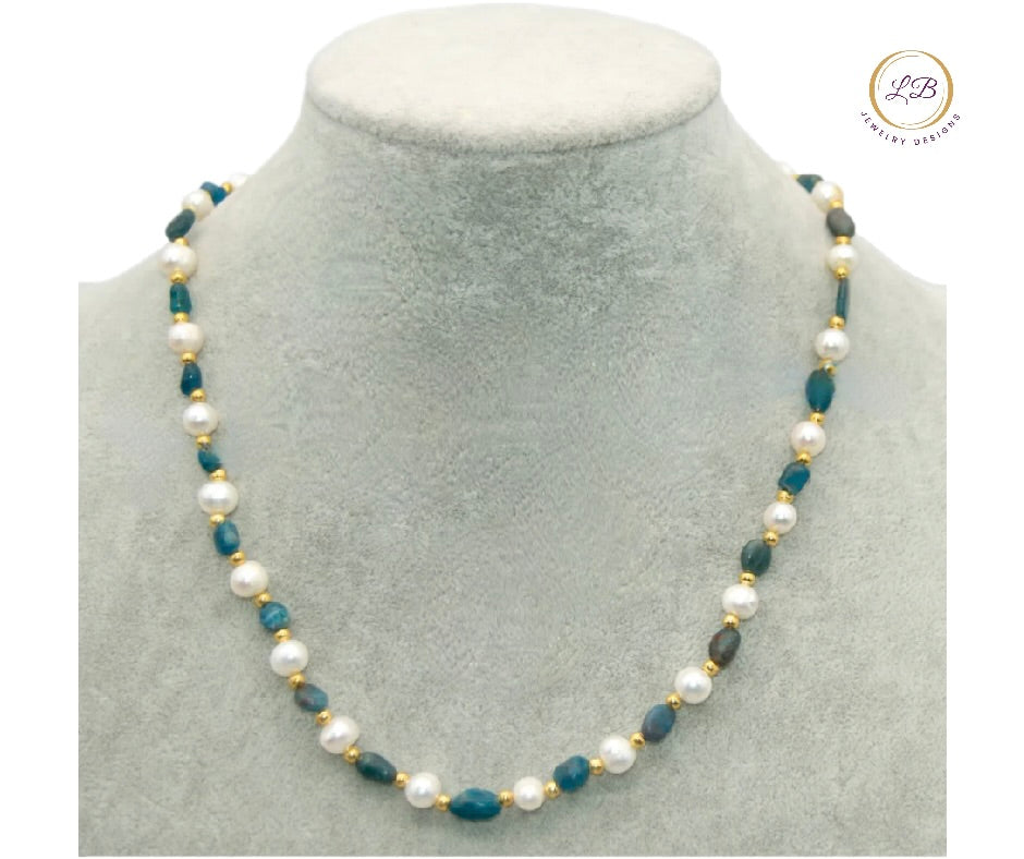 Natural Apatite and Pearl Gemstone Necklace 18''