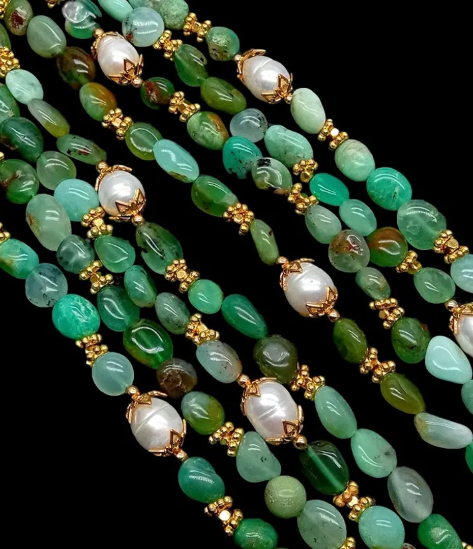 Rare Four-Strand Chrysoprase and Pearl Gemstone Statement Necklace