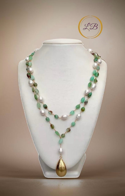 Vibrant Green Peruvian Amazonite and Pearl Statement Necklace with 18k Brushed Gold Vermeil Pendant