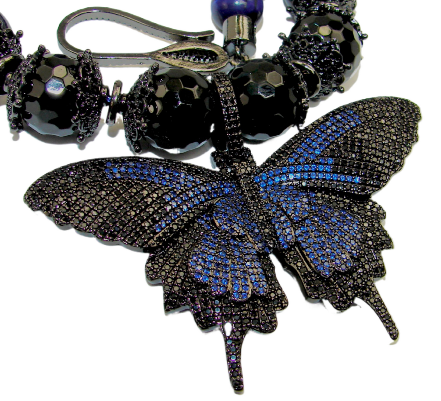 Blue Hawk's Eye Gemstone Pave Butterfly Pendant Necklace 20"