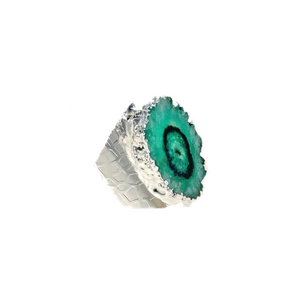 Green Solar Geode 
Silver Cigar Adjustable Ring
