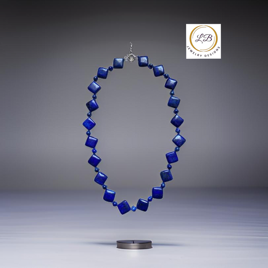 Rhombus-Style Blue Lapis Lazuli Double-Knotted Statement Necklace 20