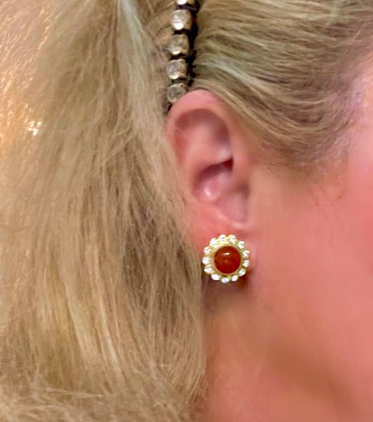 Orange Carnelian Gemstone Gold Stud Earrings 1”
