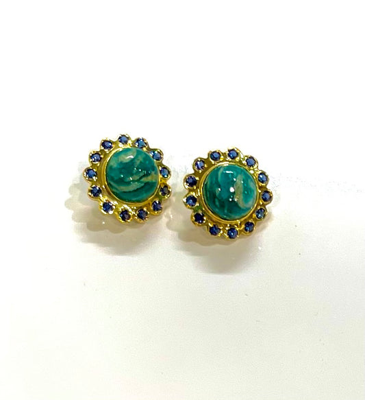 Swirling Green Amazonite and Sapphire Zircon Gemstone Gold Stud Earrings