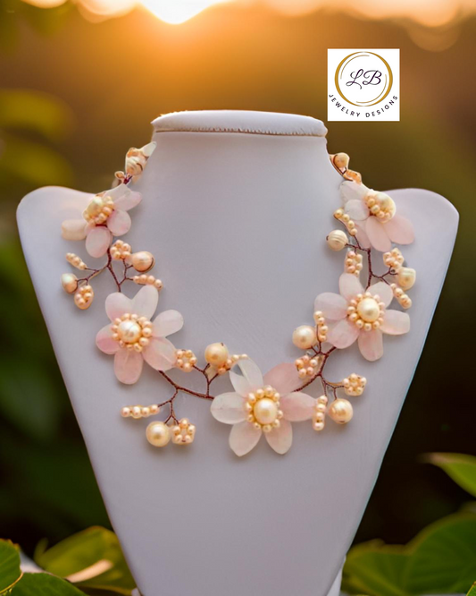 Pink Quartz and Freshwater Pearl Flower Statement Necklace 20”