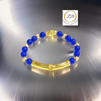 Blue Chalcedony Gemstone Gold Bali Tube Beaded Bracelet