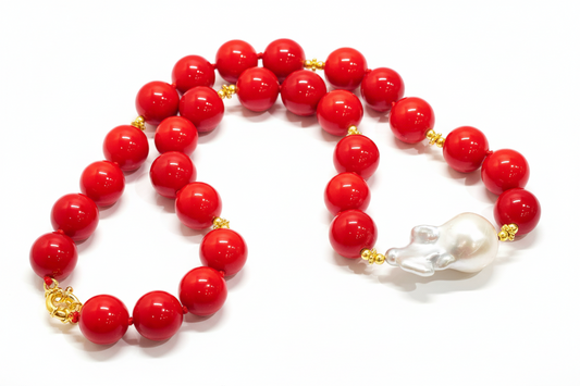 Red Coral &  Baroque Pearl Gemstone Statement Necklace 18