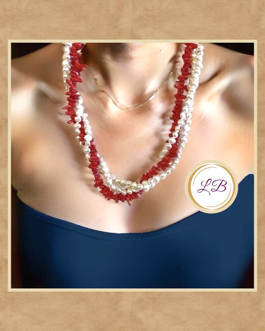 Red Coral & Pearl Gemstone Triple-Strand Statement Necklace 20“
