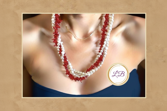 Red Coral & Pearl Gemstone Triple-Strand Statement Necklace 20“