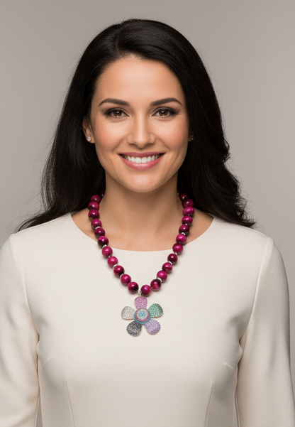 Pink Fuchsia Tiger’s Eye & Pave Flower Statement Necklace 24”