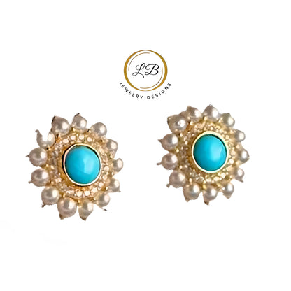 Vintage-Style Gold Turquoise and Pearl Gold Stud Earrings