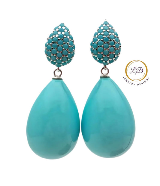 Sleeping Beauty Turquoise Teardrop Pave Stud Earrings 1.4”