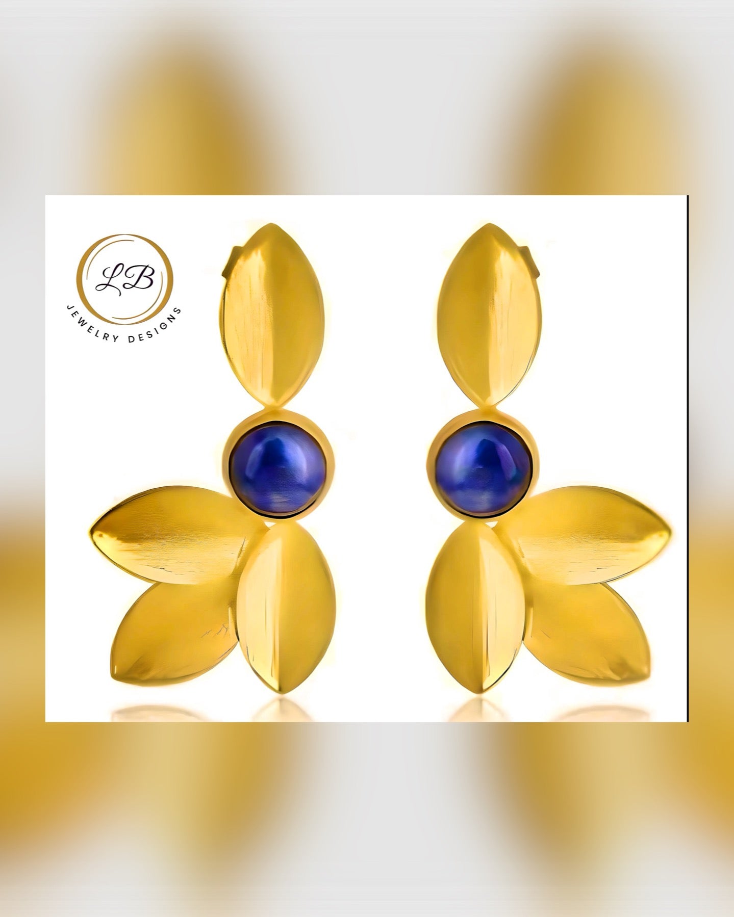 Lapis Lazuli Gemstone Leaf Design 22k Brushed Gold Vermeil Statement Earrings 2"