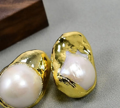 Keshi Pearl and 24 Gold Vermeil Statement Stud Earrings 1”