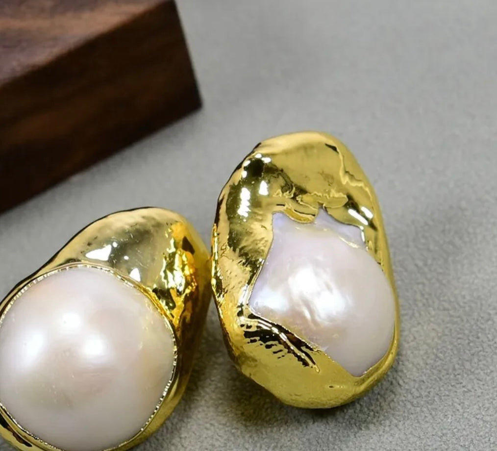 Keshi Pearl & 24 Gold Vermeil Statement Stud Earrings 1”