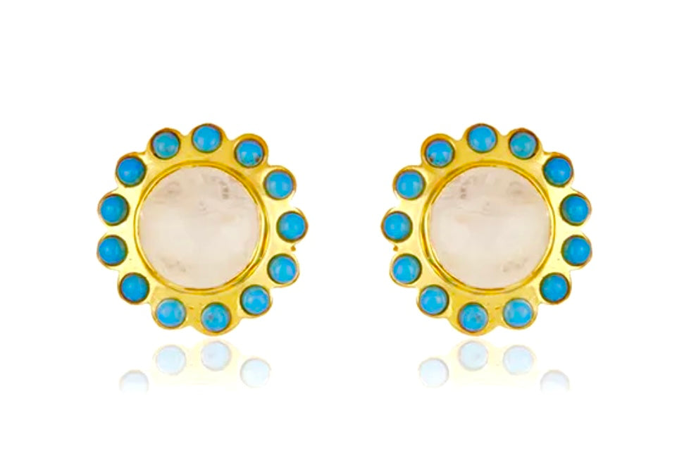 White Moonstone and Turquoise Gemstones Gold Stud Earrings