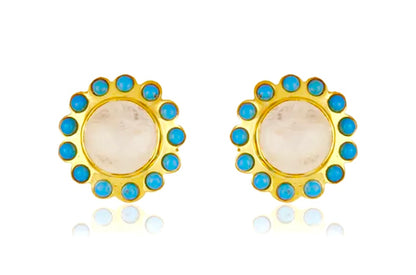 White Moonstone and Turquoise Gemstones Gold Stud Earrings