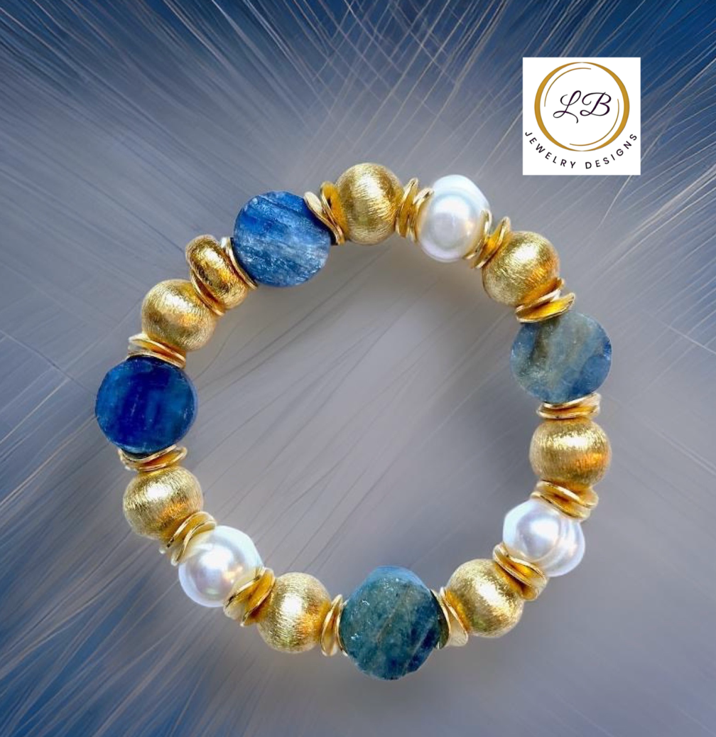 Blue Kyanite and Pearl Gold Vermeil Gemstone Bracelet