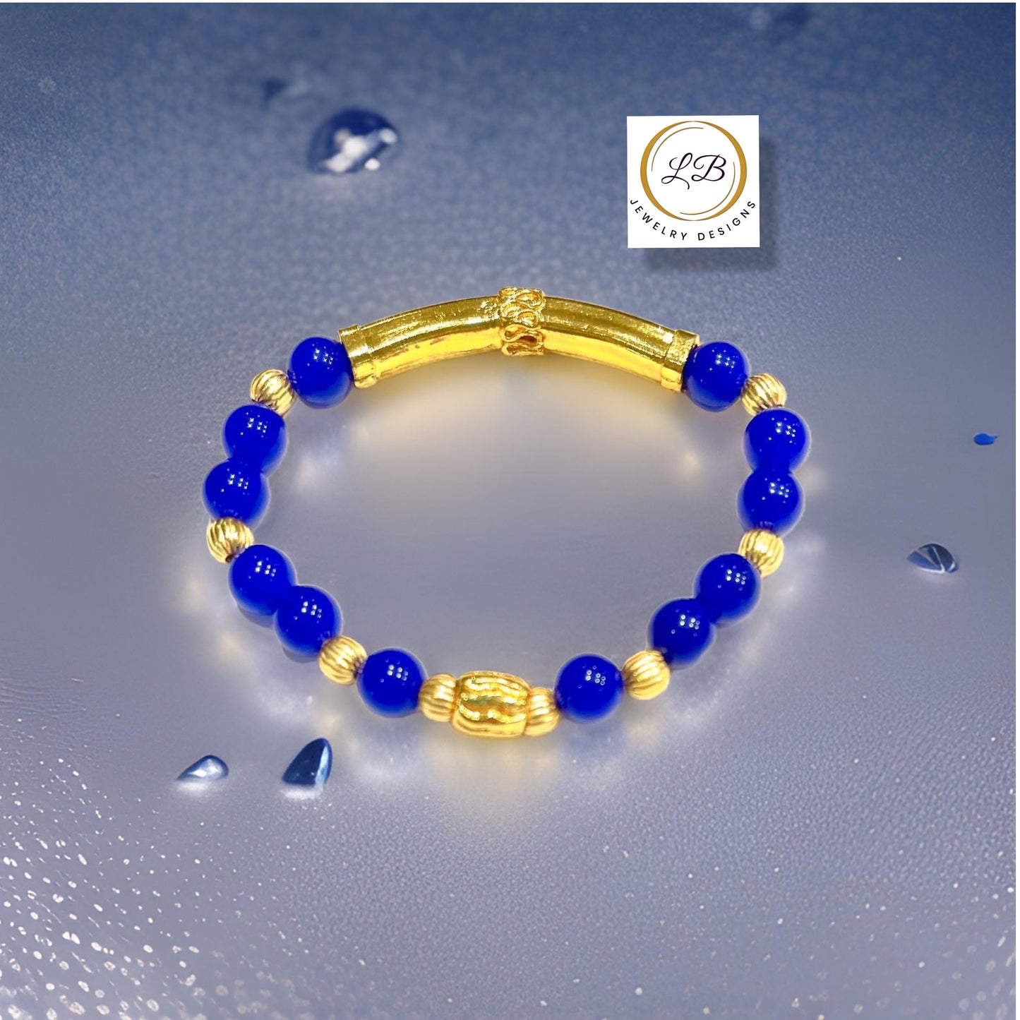 Blue Chalcedony Gemstone Gold Bali Tube Beaded Bracelet