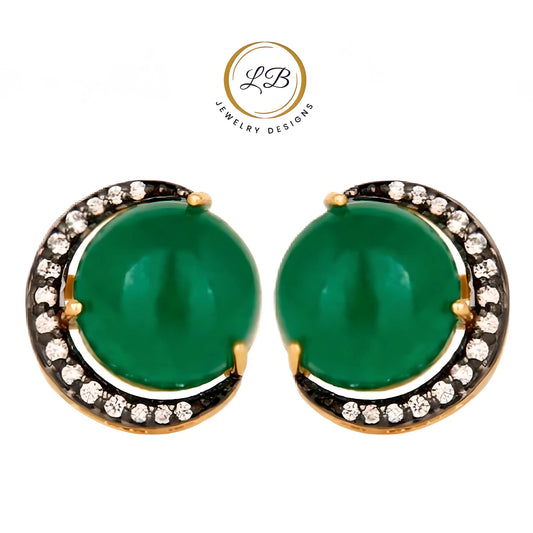 Crescent Moon Green Onyx Gold and Rhodium Stud Earrings